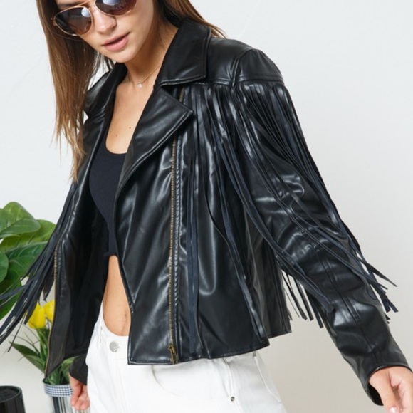 New Boutique So Soft Faux Leather Moto Fringe Jacket - Picture 4 of 7